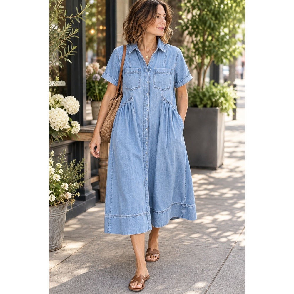 NWT MAYE Montana Denim Shirtdress Light Blue Cotton Button Front Midi Dress M